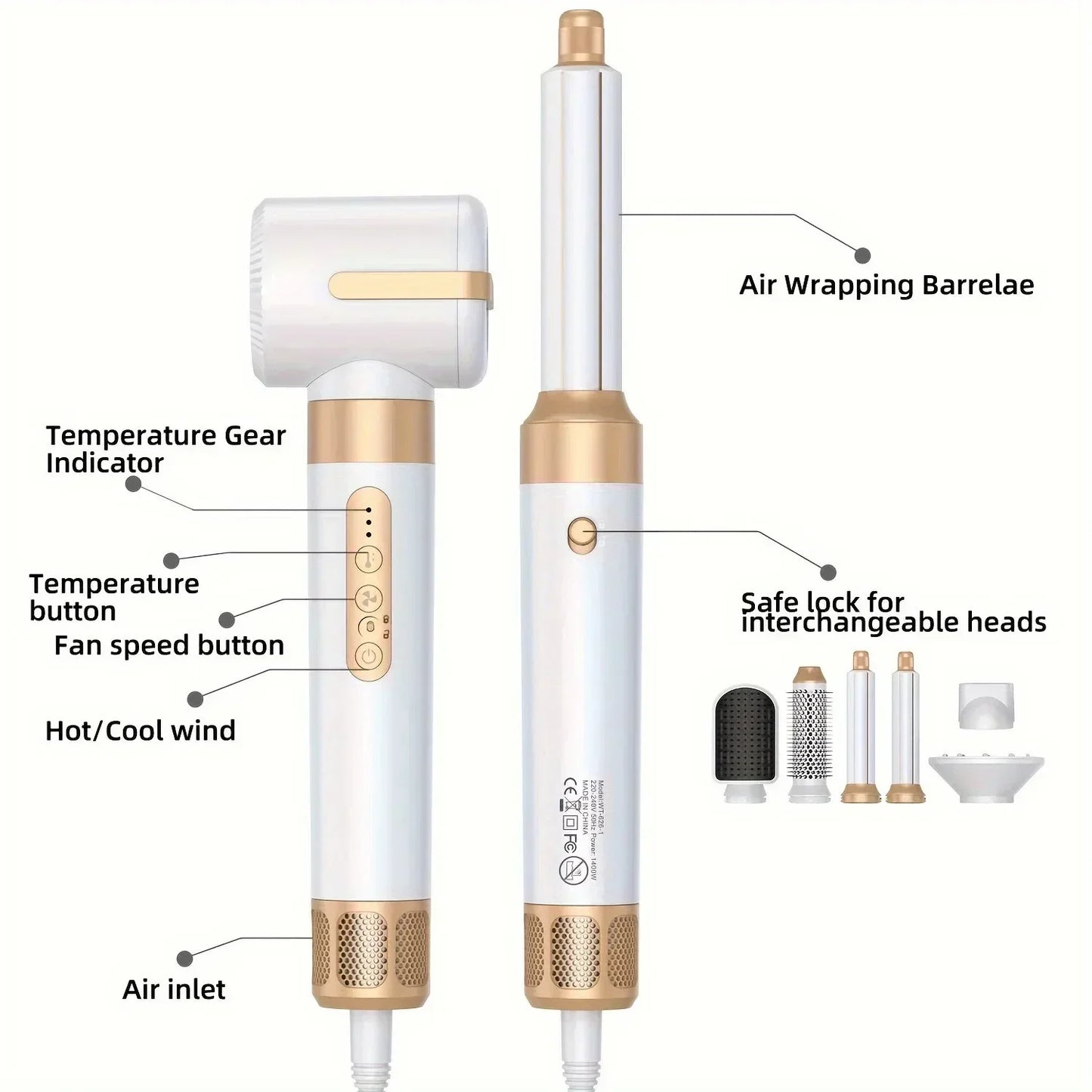 7-in-1 Multi-Function Hair Dryer 1400W Powerful Straightener Hot Brush Hot Comb Set Hair Styler Professional Curling Iron