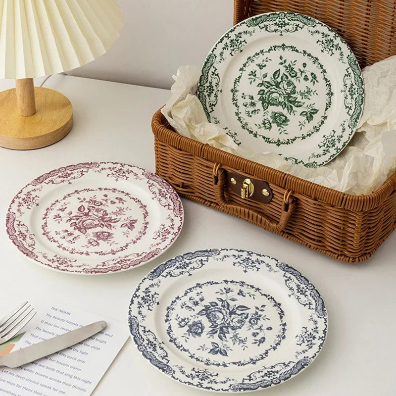 8/10Inch French Vintage Rose Ceramic Plate European Style Dinner Dishe Plates Salad Dessert Dinner Dish Household Art Tableware.