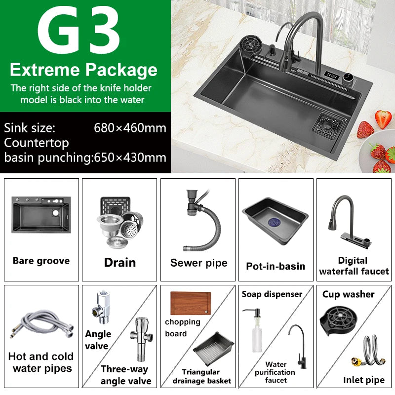 Edelstahl Küchen spüle Digital anzeige großes Single Slot hotel Multifunktion waschbecken mit Wasserfall Wasserhahn Wohnung