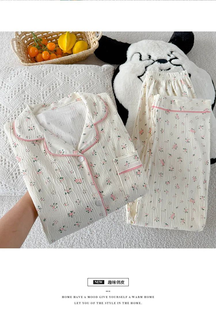 Sweet Little Floral Pajamas Women's Spring and Autumn Long Sleeves New High-Value Niche Pajamas Loungewear Wrinkle Cloth Set.