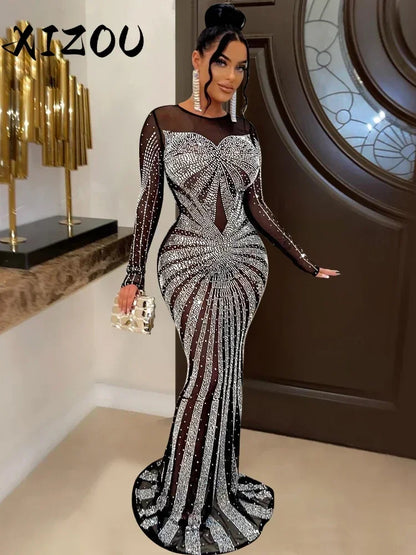 XIZOU Frauen Mesh Patchwork Diamanten Heißer Strass Bodenlangen Bodycon Meerjungfrau Maxi Kleid Sexy Party Abend Vestidos 2024.