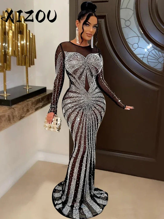 XIZOU Frauen Mesh Patchwork Diamanten Heißer Strass Bodenlangen Bodycon Meerjungfrau Maxi Kleid Sexy Party Abend Vestidos 2024.