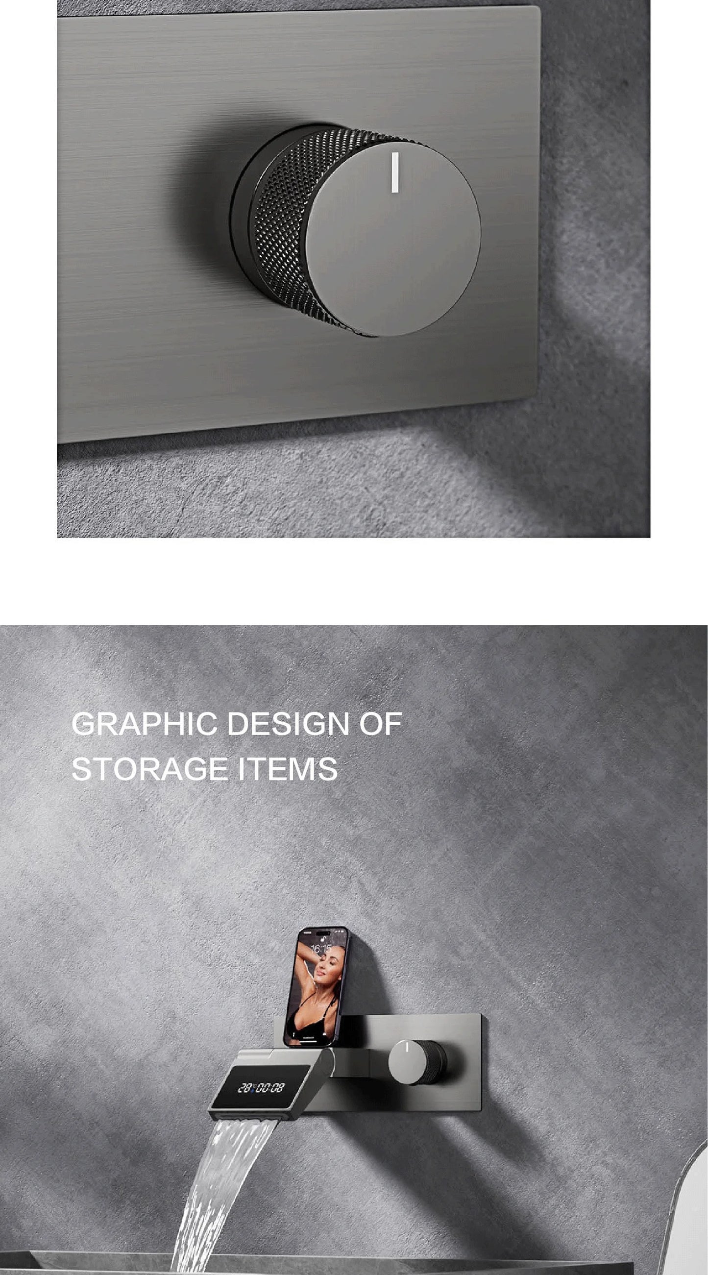 Luxury gun gray brass wall mounted bathroom faucet with LED digital display Single handle hot & cold water embedded bathroom Tap