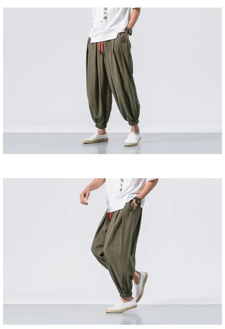 New Trendy Men Harem Pants Loose Oversized Style Cotton and Linen High Quality Jogger Sweatpants Casual Male Trousers.