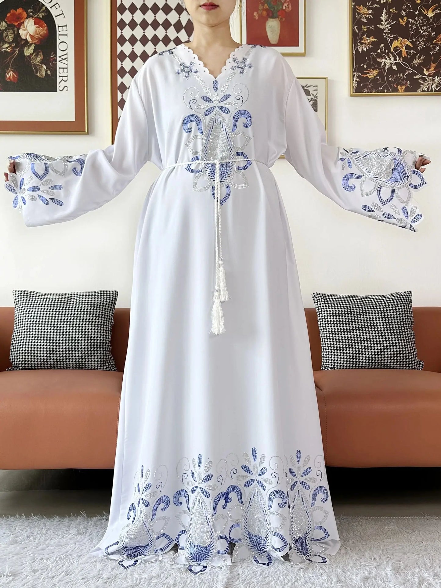 New 2025 Muslim Party Women Abaya Chiffon Diamond Long Sleeve Casual Clothing African Abaya Women Robe Dubai Turkey Islamic Robe.
