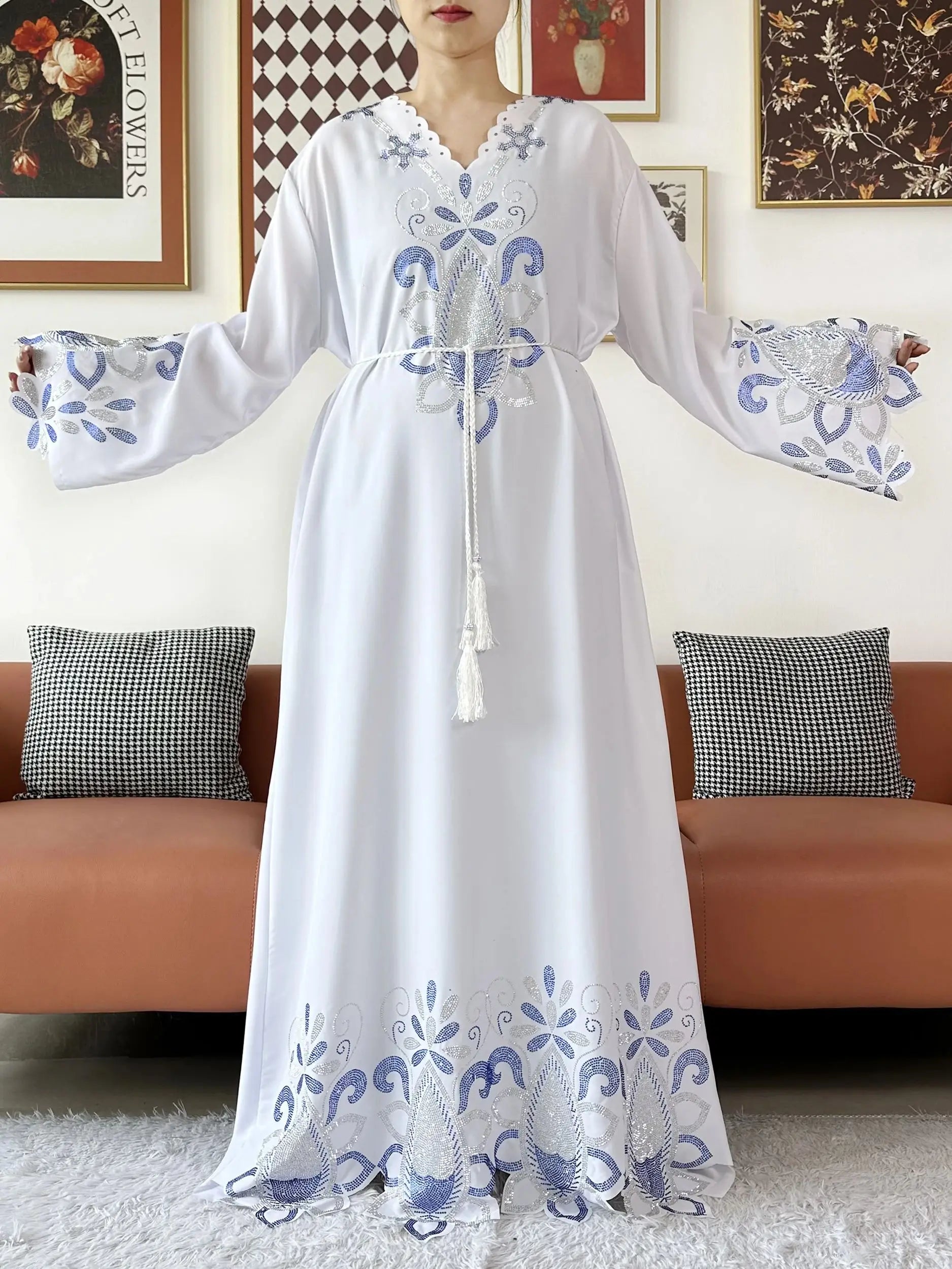 New 2025 Muslim Party Women Abaya Chiffon Diamond Long Sleeve Casual Clothing African Abaya Women Robe Dubai Turkey Islamic Robe.