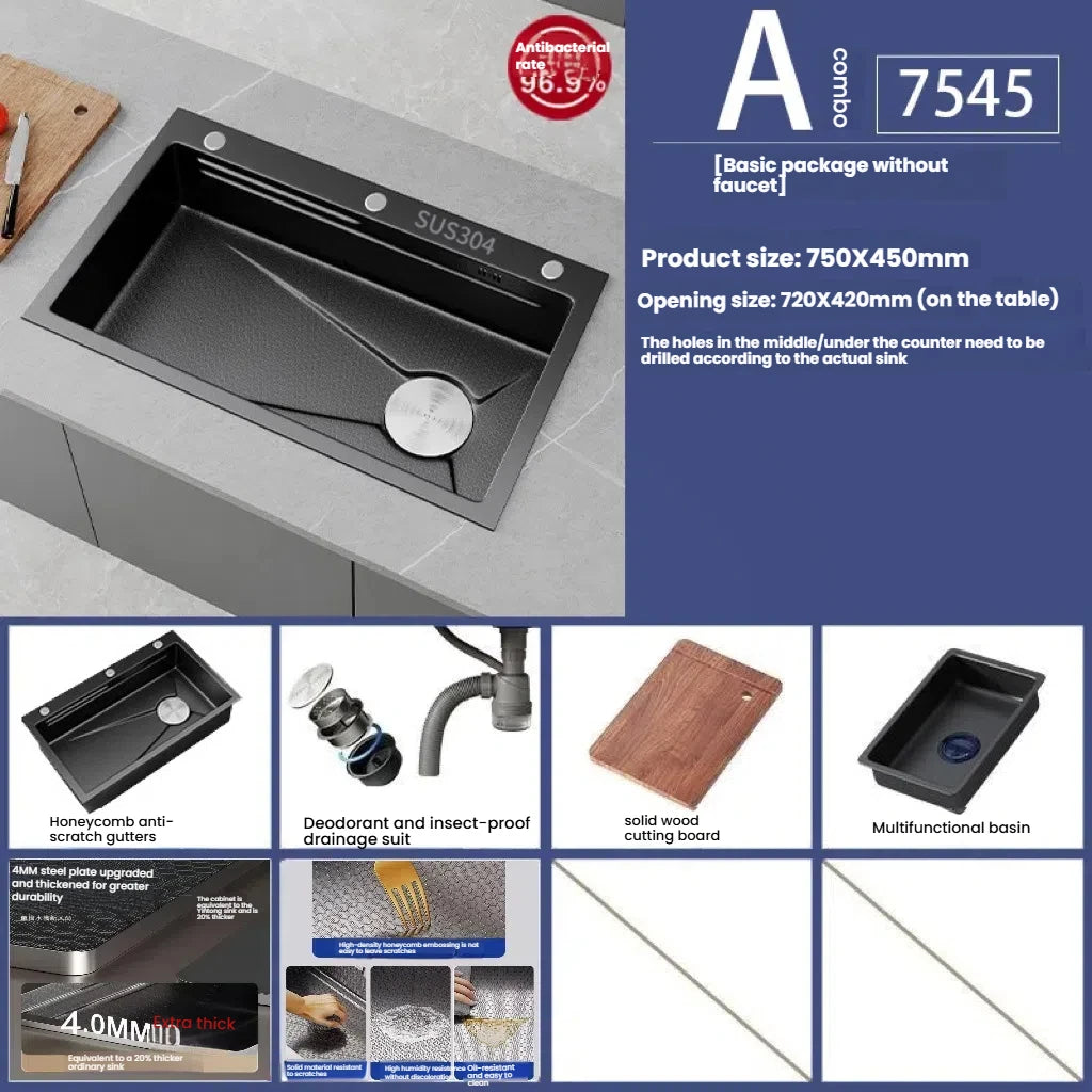 Gray Large Single Slot Stainless Steel Kitchen Sink Multifunctional Wash Dish Basin Nano Honeycomb Embossed Undermount Basin