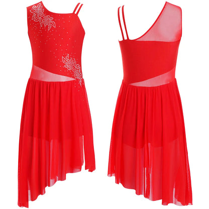 6–16 Jahre Mädchen, modernes lyrisches Tanzkleid, ärmellos, glänzender Strass-Trikot, Tanzkleidung für Skating, Gymnastik, akrobatische Leistung.