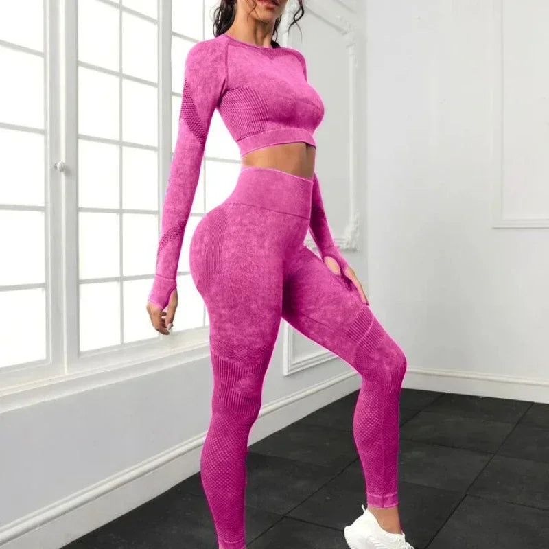 2 Piece Acid Wash Gym Set Women Seamless Long Sleeve Leggings Tracksuit Sports Fitness Suit Scrunch Workout Clothes Yoga Outfits.