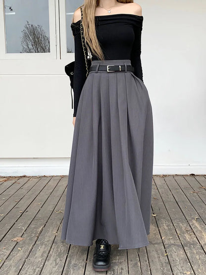 Qiukichonson Grey Midi Long Skirts Womens Maxi Skirt 2023 Autumn Winter Suit Skirt Goth Lolita High Waist Ruffle Pleated Skirts