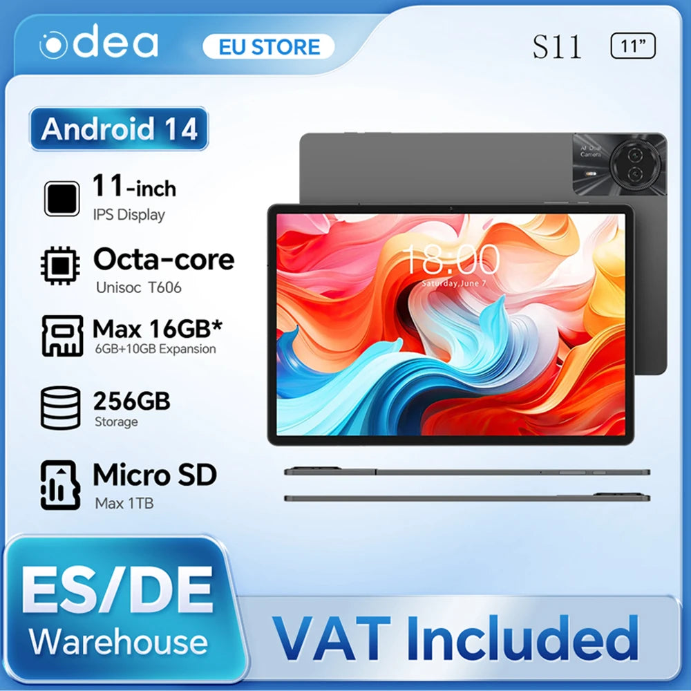 Odea S11 Tablet Android 14 Max 16GB RAM 256GB ROM T606 8-core 11 inch TDDI Tablets 4G VoLTE GPS 8000mAh Widevine L1 Type-C.