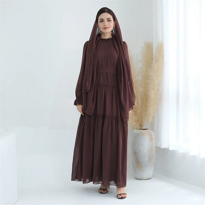 Ramadan Eid Chiffon Muslim Modest Khimar Abaya Set Dubai Turkey Islam Dress Abayas For Women Kebaya Kaftan Robe Femme Musulmane
