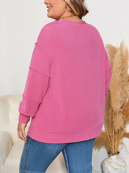 GIBSIE Plus Größe Einfarbig Rippen langarm Sweatshirt Frauen 2025, Herbst Oansatz Casual Lose Passenden Damen Pullover Top.