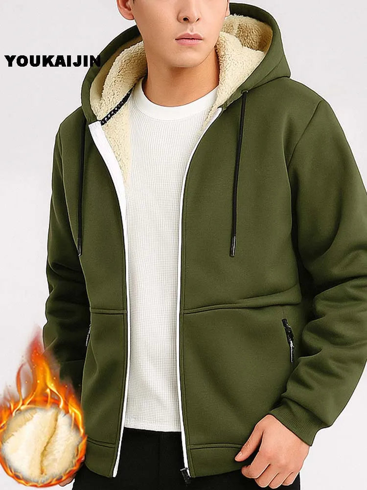 Men's Warm Fleece Hoodie Autumn Winter Sherpa Lined Full-Zip Solid Color Sweatshirt Jacket Coat.