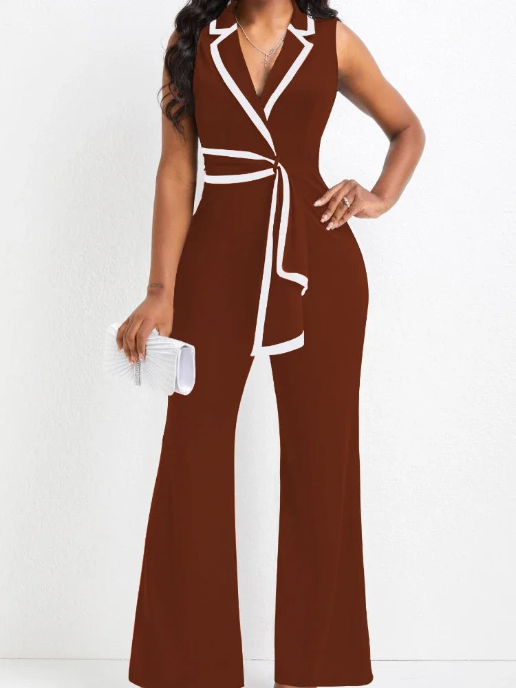 Women's Overalls Outfits Full Length New Fashion 2025 Summer V Neck Elegant Sleeveless Office Lady Jumpsuit Wide Leg Pants