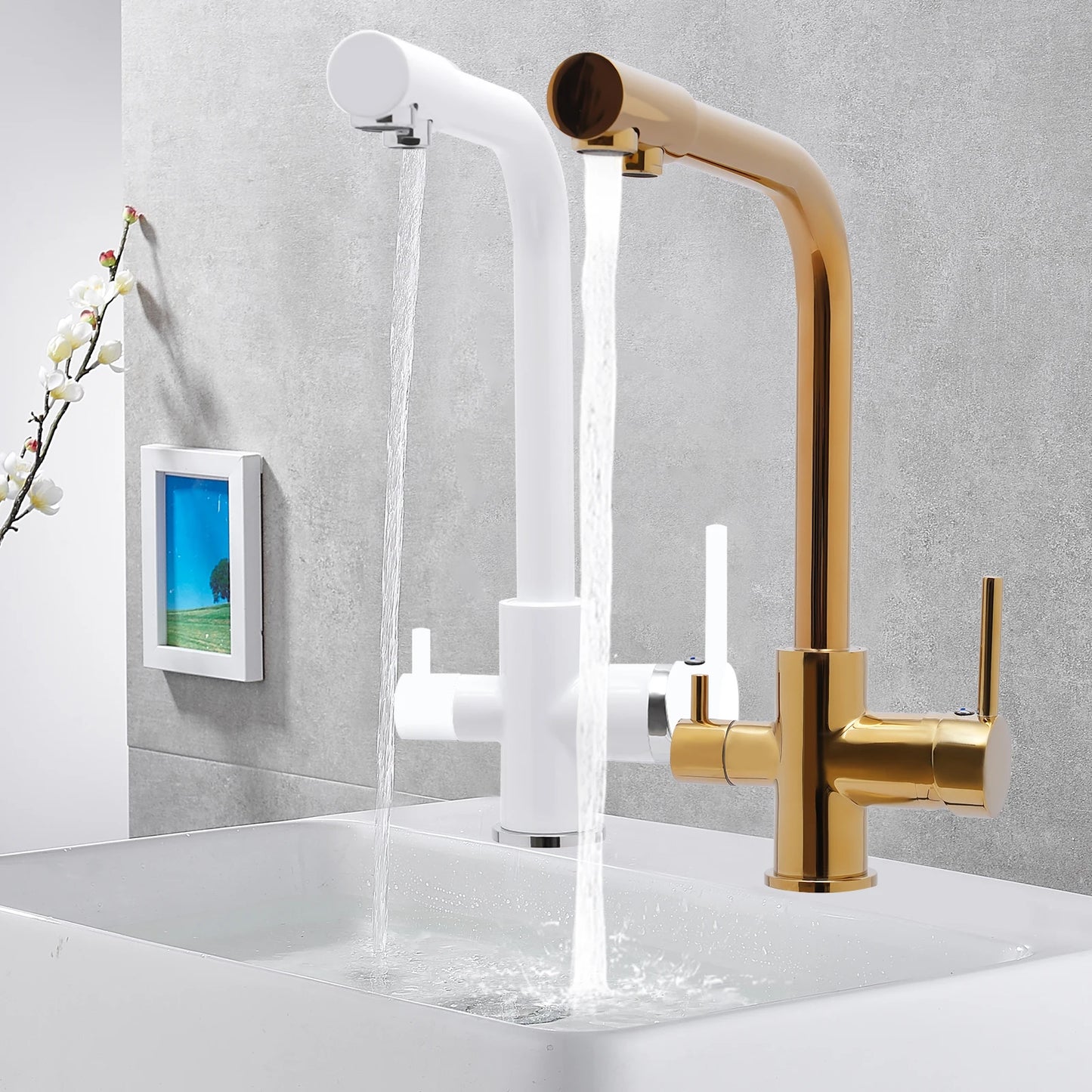 White/Gold 3-way Kitchen Faucet Stainless Steel Countertop Faucet Suitable for Homes, Restaurants, Hotels, Kitchens