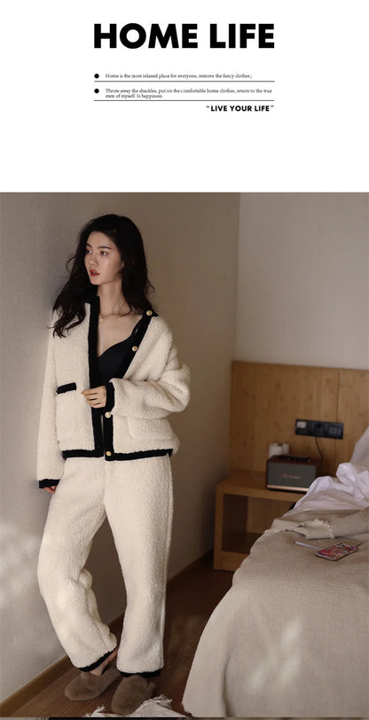 Winter Women Warm Fashion Pajama Sets Sweet   Elegant French Style Girlish Leisure Thicken Flannel Comfort Pajamas.