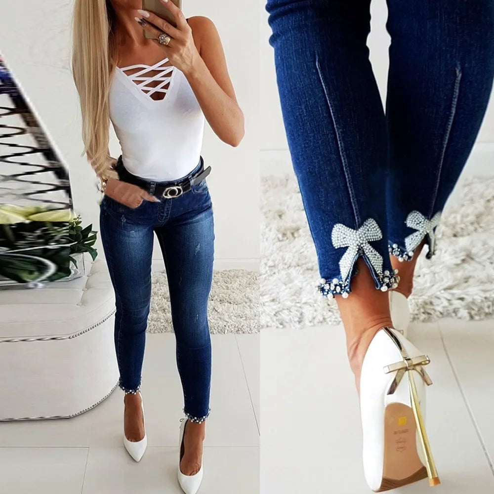 Pencil Pants Women Vintage Washed Jeans Sheath Denim Ankle Length Jean Pearls Solid Pockets Casual High Waist Skinny 2025.
