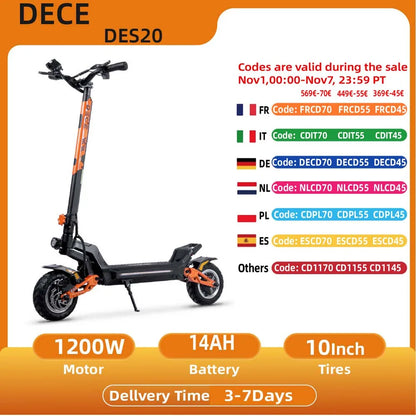 DECE DES20 Adult Electric Scooter 1200W*2 Motor E-Scooter  52V18AH Battery 10 Inch Tire City Escooter.