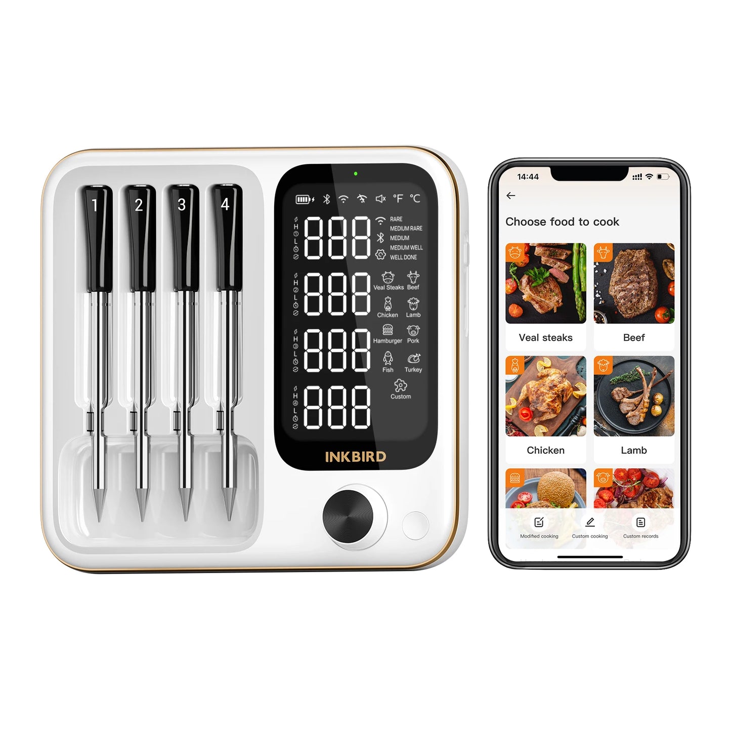 INKBIRD INT-14-BW 3-Mode WiFi/Bluetooth BBQ Thermometer, 4 Wireless Probes, IP67 Waterproof, ±1℃, 25H Battery, Smart App Control.
