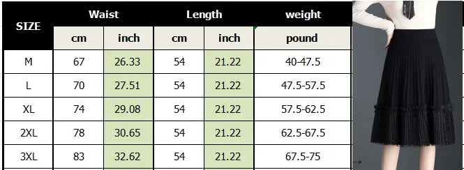 Korean Fashion Autumn Winter Women Solid Elastic High Waist Lace Patchwork Simplicity Mid-length A-line Pleated Knitted Skirt.