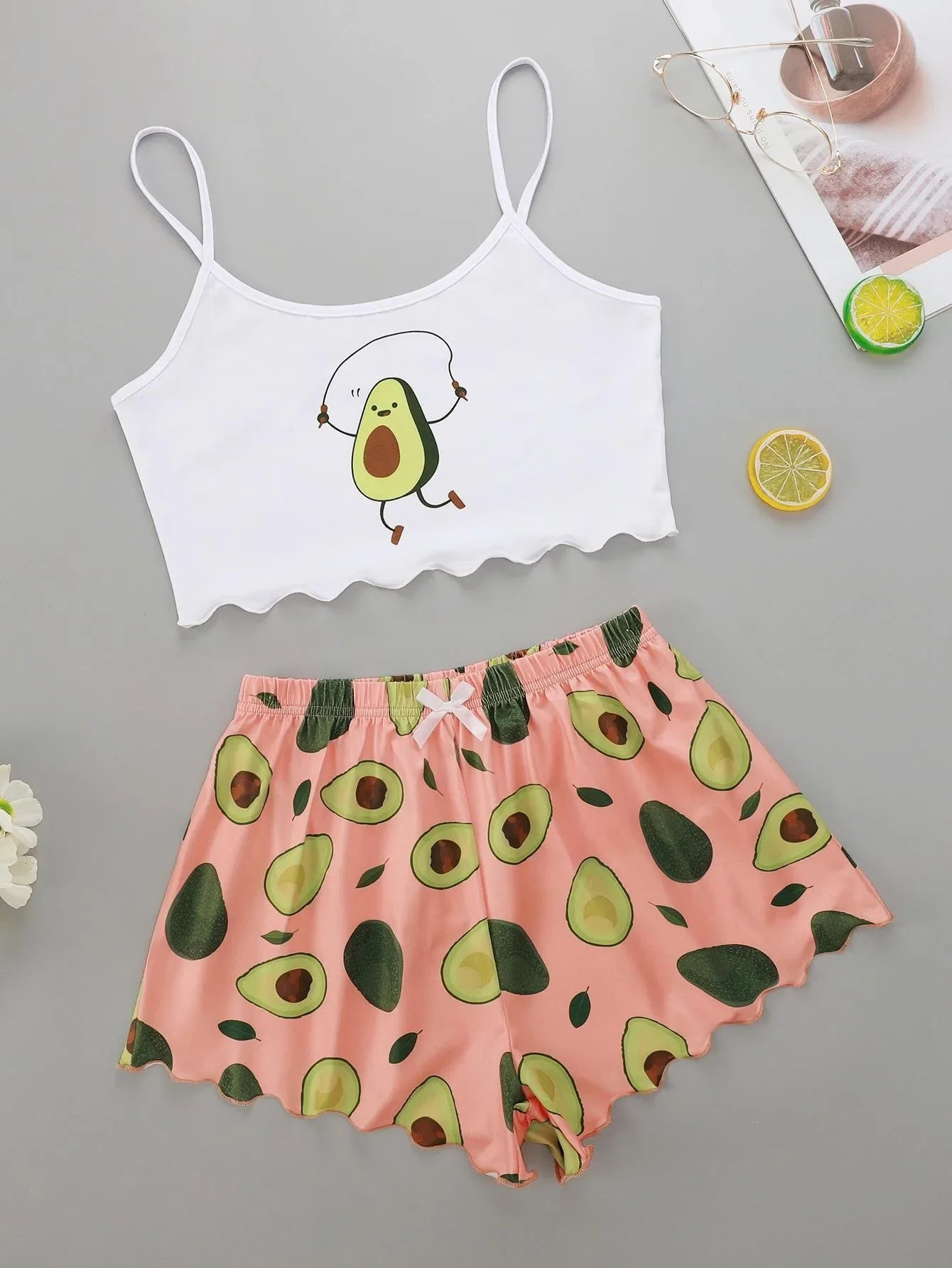 Avocado Print Leibchen mit Shorts Set Nachtwäsche Frauen Sommer Pyjamas Casual Sexy Dessous Nachthemd Homewear Unterwäsche.