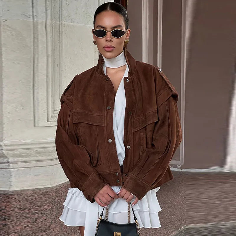 Wildleder Fleece Taschen Damen Jacken Mode Einreiher Langarm Mäntel Lose Gerade Kurze Tops Herbst Warme Kleidung.