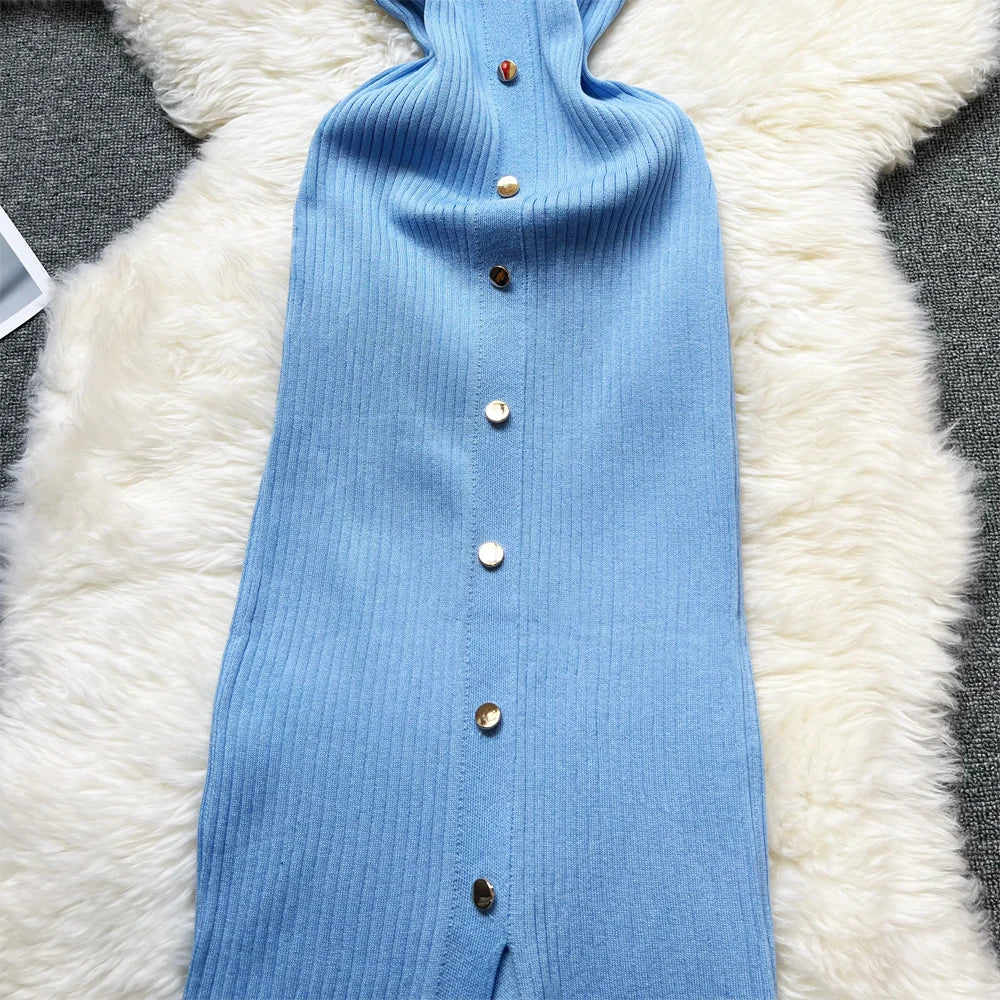 YuooMuoo 2023 Neue Sommer Frauen Gestrickte Lange Kleid Elegante Stickerei Dünne Elastische Bodycon Pullover Kleid Büro Dame Vestidos.