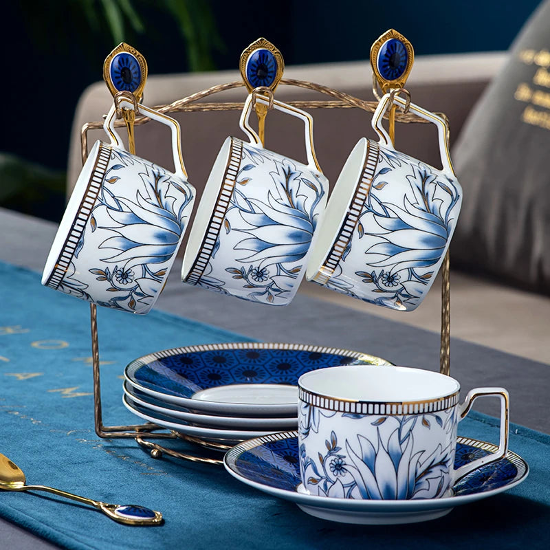 Elegant Cup and Saucer Set Bone China Sugar Jar Milk Jug Coffee Pot Set Cyan Magnolia Home English Mug Teaset Dessert Plate