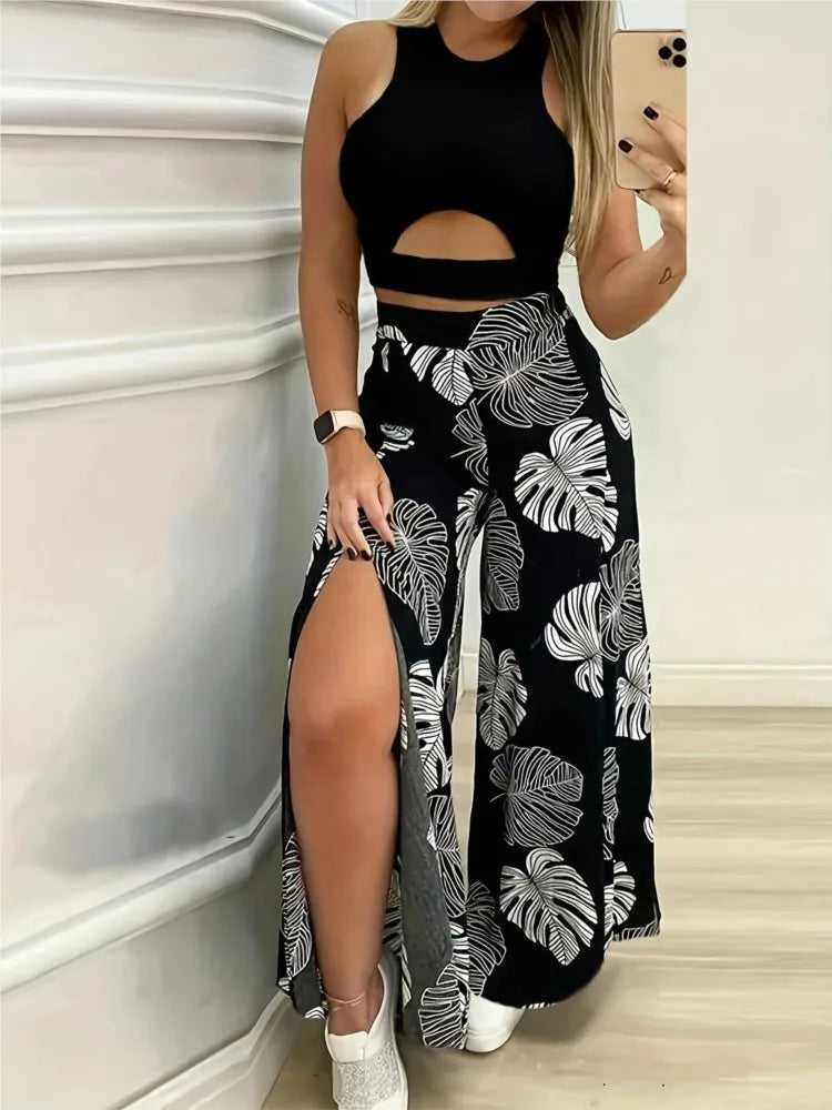 Summer Fashion Two Piece Outfits Woman New Women's Elegant Casual Hollow O Neck Short Vest Printed Trousers Set Women Clothes.