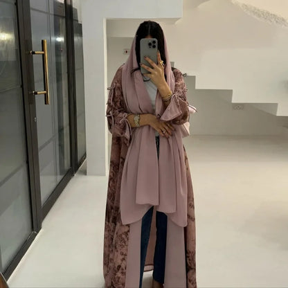 2025 sommer Arabisch Frauen Muslimische Kleidung Ramadan Dubai Offene Abaya Kleid mit Hijab Islam Gedruckt Chiffon 2 Stück Outfit.