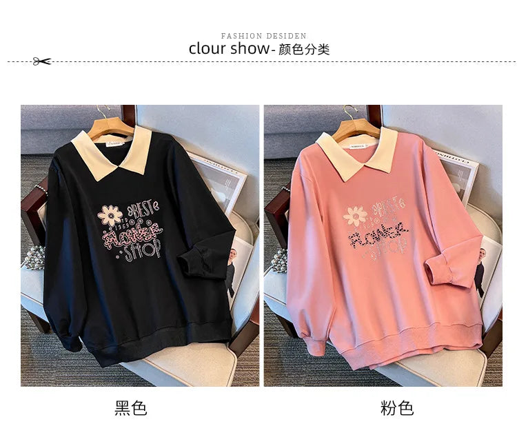 175kg plus size Damen büste Frühling Herbst lose Kragen bedruckt Langarm Sweatshirt schwarz rosa 4xl 5xl 6xl 7xl 8xl 9xl.
