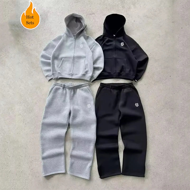 Streetwear Hoodie Sets Mens Y2K Straight Sweatpants Fashion Embroidery Logo Suits Casual High Street Couple Training Suit.