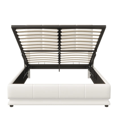 Comanlai Polsterbett 140 x 200 cm mit LED-Leuchten, hydraulisches Bett mit Stauraum, Doppelbett mit Lattenrost, Kunstleder, weiß