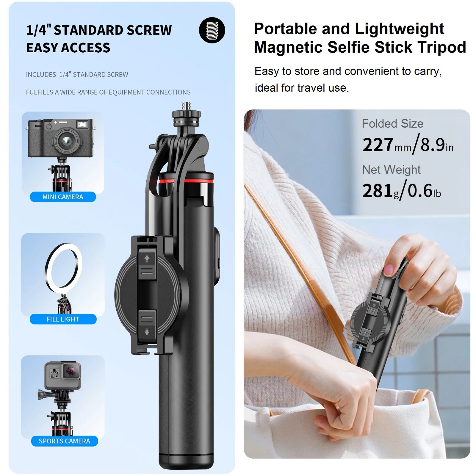 Magnetic Selfie Stick for iPhone Phone Camera 51" Extendable Magsafe Tripod Selfie Stick with Remote for Travel Vlog Videos.