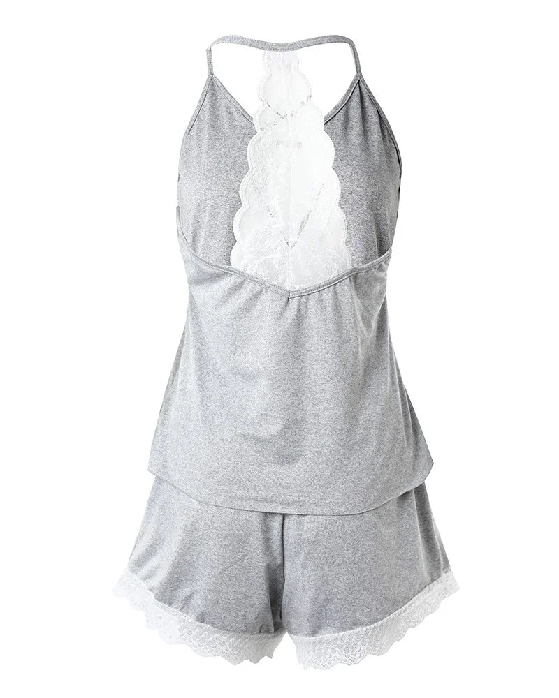 Damen-Pyjama mit Häkelspitze, 2-teilig, ärmellos, V-Ausschnitt, lässiger Nachtwäsche-Anzug, sexy, solide Heimkleidung, Sommerkleidung.