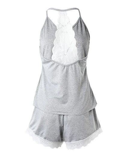 Damen-Pyjama mit Häkelspitze, 2-teilig, ärmellos, V-Ausschnitt, lässiger Nachtwäsche-Anzug, sexy, solide Heimkleidung, Sommerkleidung.