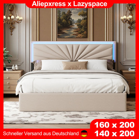 Lazyspace Beige-Leinen-Polsterbett, Doppelbettrahmen, Stauraumbett mit 4 Schubladen und höhenverstellbarem Kopfteil mit RGB-LED