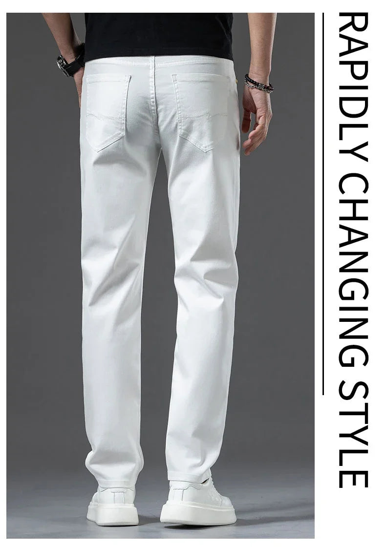 2024 New Summer Thin Men's Straight Denim Cotton Stretch Creamy-white Jeans Classic Business Pants Fashion Trousers Male Brand.