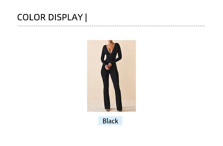 Schwarz Plissee Big Flare Overall Langarm V-ausschnitt Dünne Overall Hosen Frauen Sexy Schlanke Rückenfreie Langarm Hosen.