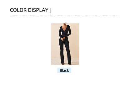 Schwarz Plissee Big Flare Overall Langarm V-ausschnitt Dünne Overall Hosen Frauen Sexy Schlanke Rückenfreie Langarm Hosen.