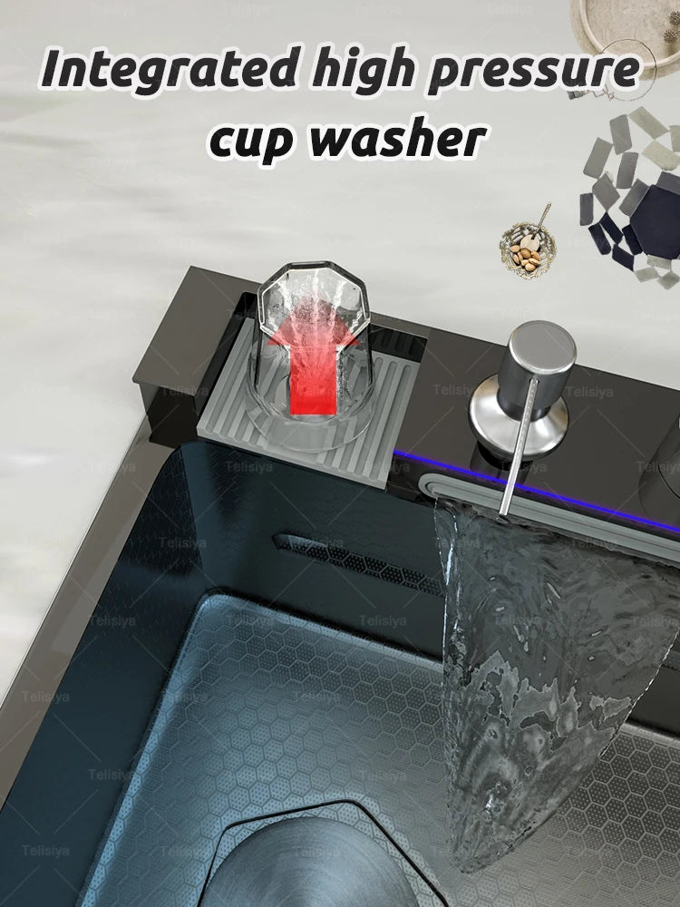 Küchenspüle aus Edelstahl mit Wasserfall, Einzelschüssel, Digitalanzeige, extra großer Schlitz, multifunktionale Waschbecken