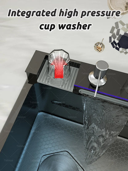 Küchenspüle aus Edelstahl mit Wasserfall, Einzelschüssel, Digitalanzeige, extra großer Schlitz, multifunktionale Waschbecken