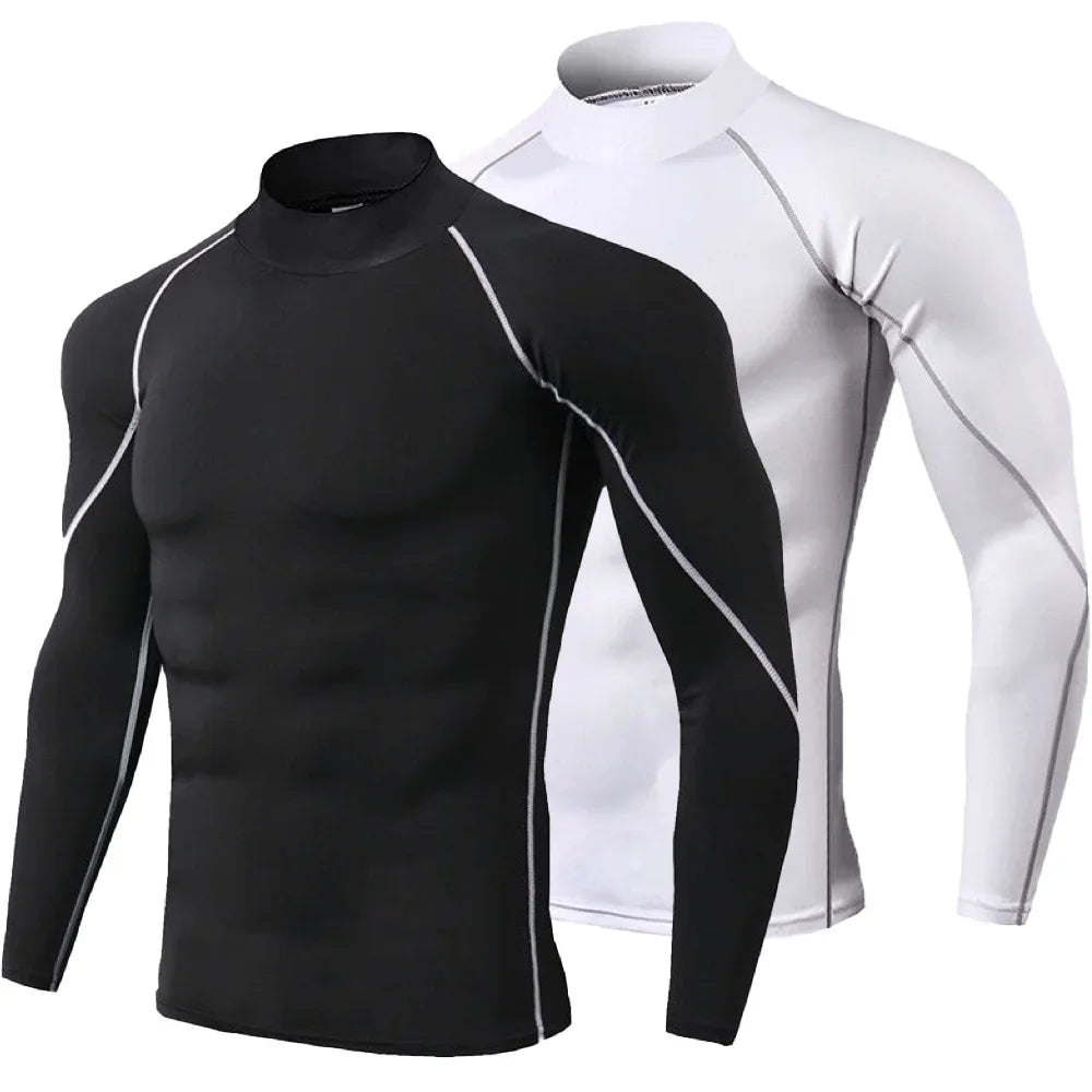 Men's Quick Dry Running T-shirt Workout Compression Shirt Turtleneck Long Sleeve Rash Guard Gym Base Layer Athletic Undershirt.
