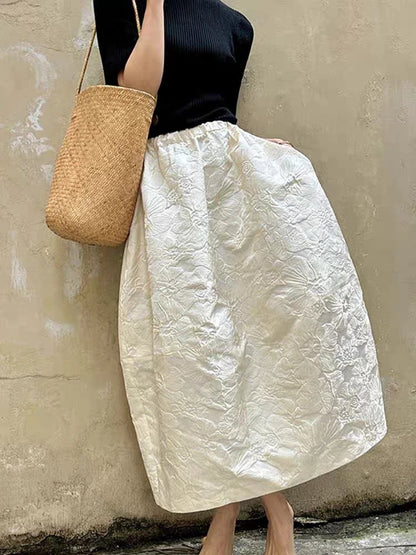 2024 New Arrival Spring/summer Arts Style Women Casual Loose Fit Elastic Waist A-line Jacquard Design Ankle-length Skirt P02.