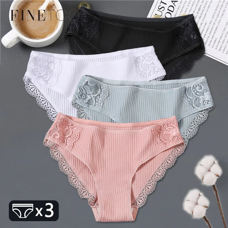 FINETOO 3Pcs/set Women Cotton Panties M-2XL Low-Rise Underwear Trendy Patchwork Lace Briefs Female Soft Underpants Lingerie 2022.