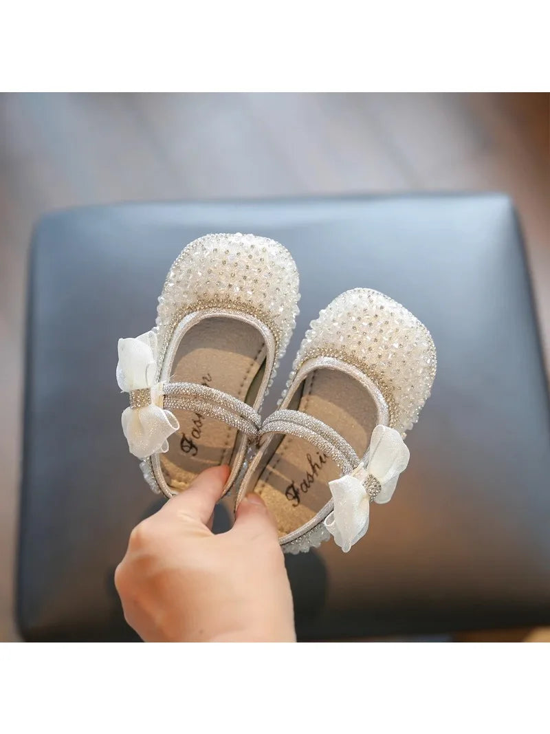 Girls Walking Shoes Lace Mesh Bows Kids Princess Shoes Non-slip Shiny Sequins 2025 New Children Flat Shoes Soft Sole Non-slip.