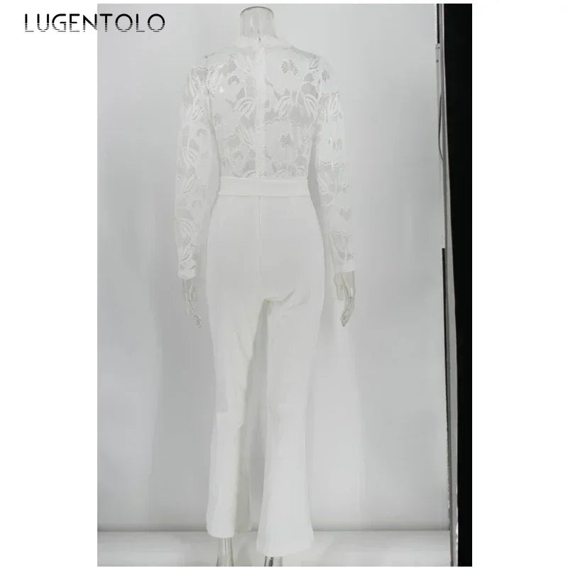 Women White Jumpsuit Lace Stitching Long Sleeve V-neck Large Size Wide Leg Pants Office Lady  Jumpsuits for Woman Lugentolo.
