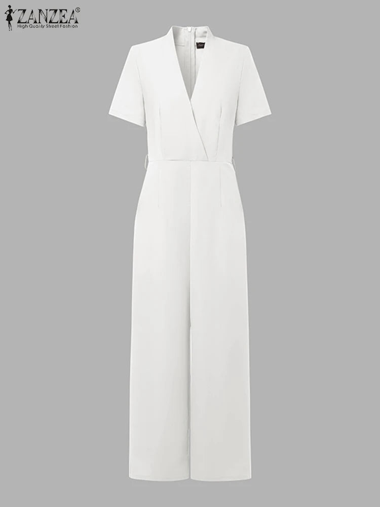 ZANZEA Street Fashion High Waist Jumpsuits Women Workwear Belt Rompers Solid Deep V Neck Elegant Office Lady Long Overalls.