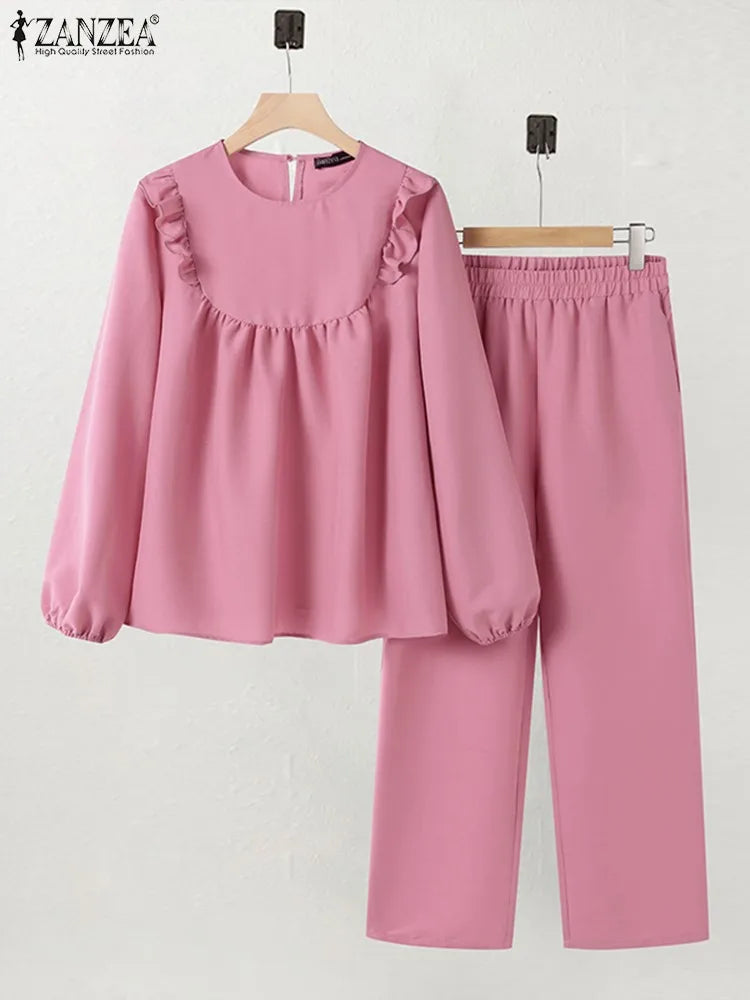ZANZEA Women Elastic Waist Trouser 2pcs Tracksuit Muslim Fashion Long Sleeve Ruffles Tops Turkey Pant Sets Elegant Matching Sets.
